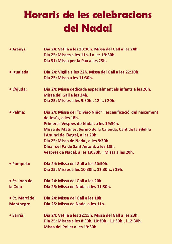 Horaris celebracions Nadal 2018